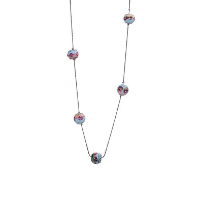 Long Floral Glass Beads Station Necklace