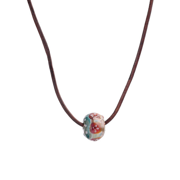 Single Floral Glass Bead Necklace on Leather Cord